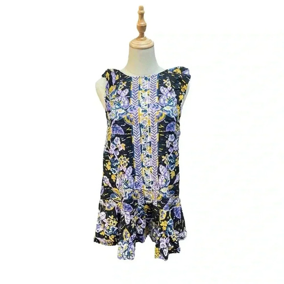 Free People Tunic Size Small Purple and Blue Print LINEN BLEND Relaxed Fit M - Picture 2 of 7